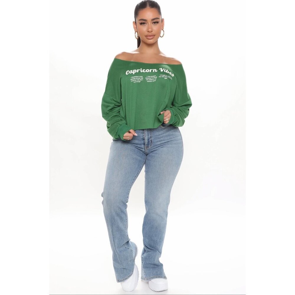 Fashion Nova Capricorn Vibes Off Shoulder Top Hunter Green Graphic Sz XS NWT - Picture 6 of 8
